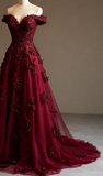 Ndyad Red A-line Off-the-shoulder Tulle Beaded Long Prom Dress Formal Applique Evening Dress HZ1024