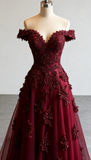 Ndyad Red A-line Off-the-shoulder Tulle Beaded Long Prom Dress Formal Applique Evening Dress HZ1024
