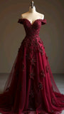 Ndyad Red A-line Off-the-shoulder Tulle Beaded Long Prom Dress Formal Applique Evening Dress HZ1024