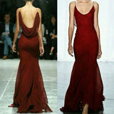 Ndyad Burgundy Spaghetti Straps Mermaid Backless Chiffon Long Prom Dress HZ1024