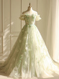 Ndyad Light Green A-Line Tulle Off-the-shoulder Applique Long Prom Dress HZ1024