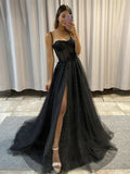 Ndyad Black A-Line Tulle Sequin Long Prom Dress Spaghetti Strap Formal Evening Dress with Silt HZ1024