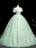 Ndyad Mint Green A-Line Puff Sleeves Tulle Lace Long Prom Dress Formal Dress HZ1024