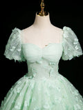 Ndyad Mint Green A-Line Puff Sleeves Tulle Lace Long Prom Dress Formal Dress HZ1024