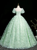 Ndyad Mint Green A-Line Puff Sleeves Tulle Lace Long Prom Dress Formal Dress HZ1024