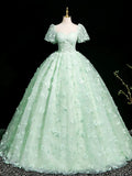 Ndyad Mint Green A-Line Puff Sleeves Tulle Lace Long Prom Dress Formal Dress HZ1024