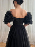 Ndyad Sexy Off-shoulder Tulle Long Prom Dresses Elegant Formal Evening Dresses with Slits HZ1024