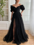 Ndyad Sexy Off-shoulder Tulle Long Prom Dresses Elegant Formal Evening Dresses with Slits HZ1024