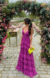 Ndyad Purple Spaghetti Straps A-Line Chiffon Long Prom Dress Backless Formal Evening Dress HZ1024