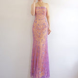 Ndyad Purple Chiffon Mermaid Prom Dresses Elegant Beaded Sleeveless Party Dresses HZ1024