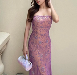 Ndyad Purple Chiffon Mermaid Prom Dresses Elegant Beaded Sleeveless Party Dresses HZ1024