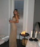 Ndyad Champagne Strapless Sheath Sparkling Tulle Long Prom Dress Sexy Party Dress HZ1024