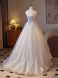 Ndyad A-Line Sweetheart Tulle Champagne Long Prom Dresses Beaded Sequins Sweet 16 HZ1024