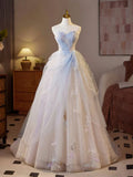 Ndyad A-Line Sweetheart Tulle Champagne Long Prom Dresses Beaded Sequins Sweet 16 HZ1024