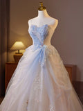 Ndyad A-Line Sweetheart Tulle Champagne Long Prom Dresses Beaded Sequins Sweet 16 HZ1024