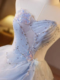 Ndyad A-Line Sweetheart Tulle Champagne Long Prom Dresses Beaded Sequins Sweet 16 HZ1024