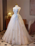 Ndyad A-Line Sweetheart Tulle Champagne Long Prom Dresses Beaded Sequins Sweet 16 HZ1024