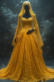 Ndyad Yellow Strapless A-Line Tulle Lace Applique Long Prom Dresses Glam Wedding Dresses HZ1024