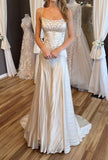 Ndyad Spaghetti Straps Mermaid Wedding Dress Satin Beading Long Prom Dress Simple Formal Evening Dress HZ1024