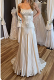 Ndyad Spaghetti Straps Mermaid Wedding Dress Satin Beading Long Prom Dress Simple Formal Evening Dress HZ1024