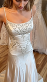 Ndyad Spaghetti Straps Mermaid Wedding Dress Satin Beading Long Prom Dress Simple Formal Evening Dress HZ1024