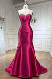 Ndyad Fuchsia Sweetheart Mermaid Satin Long Prom Dress Simple Formal Evening Dress HZ1024