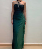 Ndyad Green Chiffon Sheath Party Dress Elegant Halter Long Evening Dress with Ruffles HZ1024