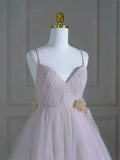 Evafashion V Neck Tulle Pink Long Prom Dress, Pink Tulle Long Formal Dress HZ1024