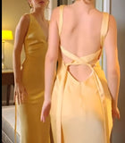 Evafashion Yellow Satin Sheath V Neck Backless Party Dress Sexy Elegant Evening Dress HZ1024