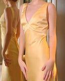 Evafashion Yellow Satin Sheath V Neck Backless Party Dress Sexy Elegant Evening Dress HZ1024
