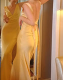 Evafashion Yellow Satin Sheath V Neck Backless Party Dress Sexy Elegant Evening Dress HZ1024