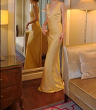 Evafashion Yellow Satin Sheath V Neck Backless Party Dress Sexy Elegant Evening Dress HZ1024