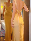 Evafashion Yellow Satin Sheath V Neck Backless Party Dress Sexy Elegant Evening Dress HZ1024