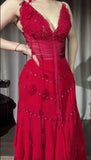 Ndyad Red V-Neck A-Line Chiffon Tiered Party Dress Shiny Beaded Evening Dress HZ1024