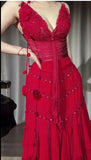 Ndyad Red V-Neck A-Line Chiffon Tiered Party Dress Shiny Beaded Evening Dress HZ1024