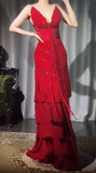 Ndyad Red V-Neck A-Line Chiffon Tiered Party Dress Shiny Beaded Evening Dress HZ1024