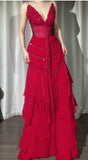 Ndyad Red V-Neck A-Line Chiffon Tiered Party Dress Shiny Beaded Evening Dress HZ1024