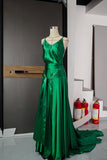 Ndyad Emerald Green Spaghetti Straps Satin Long Prom Dresses Simple Train Backless Evening Dress HZ1024