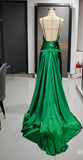 Ndyad Emerald Green Spaghetti Straps Satin Long Prom Dresses Simple Train Backless Evening Dress HZ1024