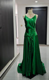 Ndyad Emerald Green Spaghetti Straps Satin Long Prom Dresses Simple Train Backless Evening Dress HZ1024