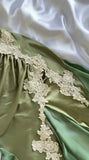 Ndyad Olive Green Spaghetti Straps Satin Party Dress Vintage Lace Applique Chiffon Mermaid Evening Dress HZ1024