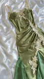 Ndyad Olive Green Spaghetti Straps Satin Party Dress Vintage Lace Applique Chiffon Mermaid Evening Dress HZ1024