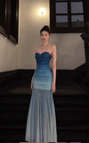 Ndyad Gradient Blue Mermaid Sweetheart Chiffon Long Prom Dress Elegant Evening Dress HZ1024