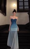 Ndyad Gradient Blue Mermaid Sweetheart Chiffon Long Prom Dress Elegant Evening Dress HZ1024