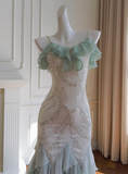 Ndyad Mint Green Spaghetti Straps Chiffon Ruffled Prom Dresses Shiny Beaded Sequined Backless Evening Dresses HZ1024