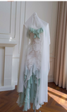 Ndyad Mint Green Spaghetti Straps Chiffon Ruffled Prom Dresses Shiny Beaded Sequined Backless Evening Dresses HZ1024