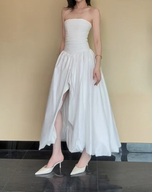 Evafashion White Strapless Satin Pleated A-Line Bridesmaid Dresses Elegant Backless Evening Dresses with Slit HZ1024