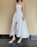 Evafashion White Strapless Satin Pleated A-Line Bridesmaid Dresses Elegant Backless Evening Dresses with Slit HZ1024