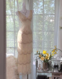 Ndyad Pearl White V-neck Chiffon Beaded Evening Dresses Simple Wedding Guest Dresses with Embroidered Appliques HZ1024