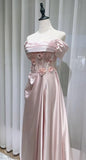 Ndyad Pink Off-the-shoulder A-Line Satin Long Evening Dresses Sweet 16 Prom Dresses HZ1024